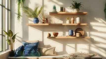 Cozy Living Room with Wooden Shelves and Sunlight