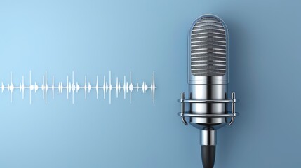 A condenser microphone with a shock mount is positioned on a blue background, with a white sound...