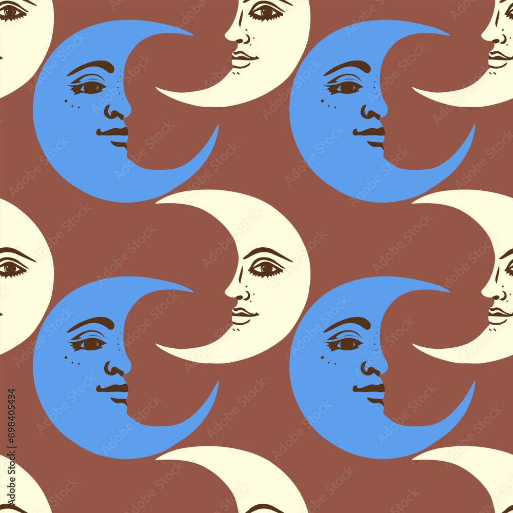 Wall mural crescent moons with face seamless vector pattern. retro background with moon.