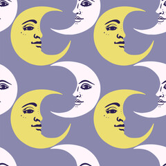 Crescent moons yellow and white with retro style face on grey-blue background.Vector seamless pattern.
