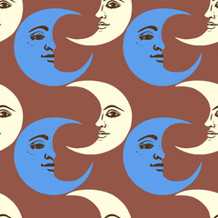 Crescent moons with face seamless vector pattern. Retro background with moon.