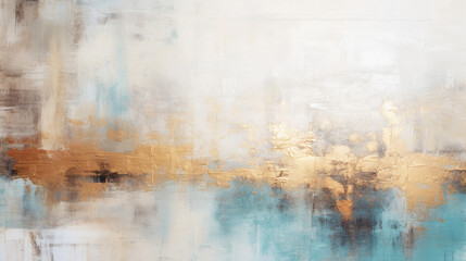 Abstract minimalist background design for wall decoration, poster using pastel blue, beige and golden paints. Contemporary art, oil painting.