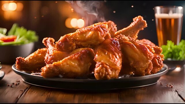 A plate of golden crispy fried drumstick and chicken wings, tasty unhealthy fast food snack.