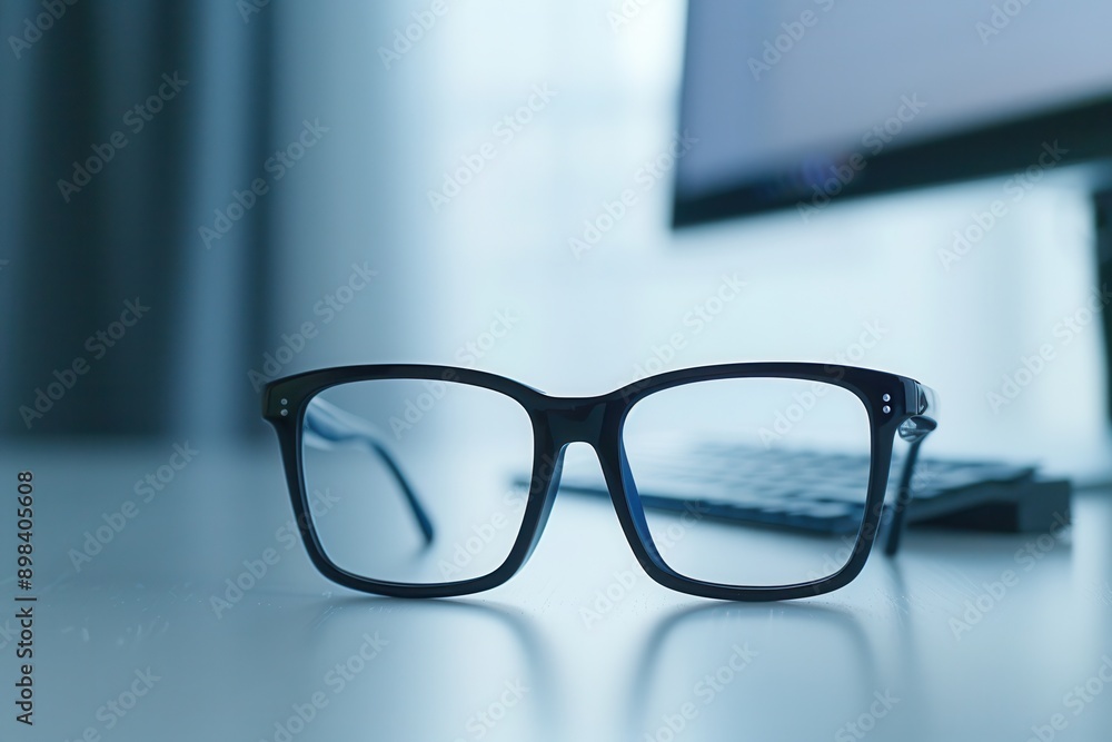 Aufkleber black eyeglasses rest on a white desk in front of a computer monitor. generative ai