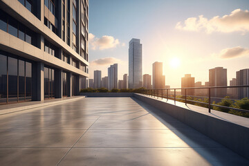 Obraz premium Modern building and concreted floor with city skyline as a backgrund.