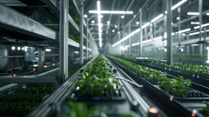 Fototapeta premium A close-up view of a conveyor belt in an indoor farm carrying rows of green vegetables under artificial lights.