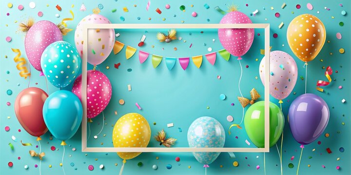 Vibrant colorful balloons and matching Happy Birthday frame decoration template with confetti and ribbons on a pastel blue background, perfect for celebratory occasions.