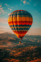 Fototapeta premium An awe-inspiring view of a single brightly colored hot air balloon ascending into the clear turquoise Albuquerque sky set against a stunning desert landscape at sunrise