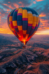 Obraz premium An awe-inspiring view of a single brightly colored hot air balloon ascending into the clear turquoise Albuquerque sky set against a stunning desert landscape at sunrise
