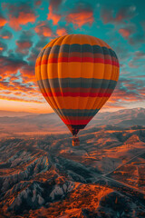 Obraz premium An awe-inspiring view of a single brightly colored hot air balloon ascending into the clear turquoise Albuquerque sky set against a stunning desert landscape at sunrise