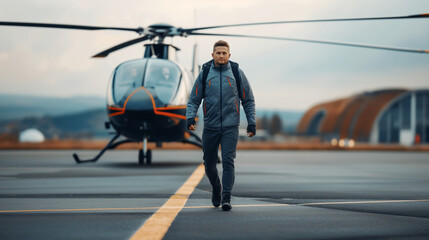 A man with a backpack walks away from a parked helicopter on an airfield with hangars in the background and a cloudy sky.