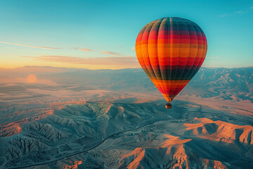 Obraz premium An awe-inspiring view of a single brightly colored hot air balloon ascending into the clear turquoise Albuquerque sky set against a stunning desert landscape at sunrise