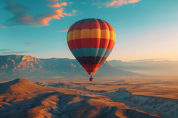Obraz premium An awe-inspiring view of a single brightly colored hot air balloon ascending into the clear turquoise Albuquerque sky set against a stunning desert landscape at sunrise
