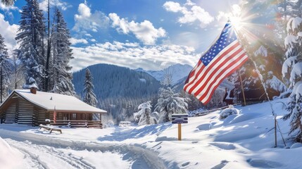 Sunny day at the snowy mountain cabin with the american flag flying in the wind