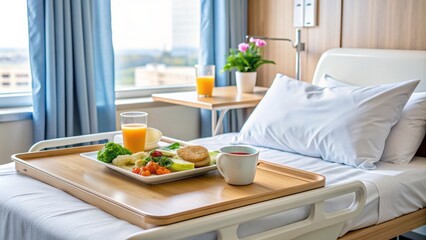 Hospital tray with meal and drink on bed table in modern hospital room with comfortable bedding and medical equipment in the background.