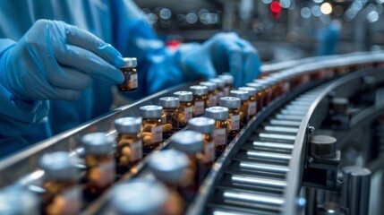 Worker wearing hygienic gloves inspecting medical vials on the production line conveyor of a pharmaceutical drug mass production plant