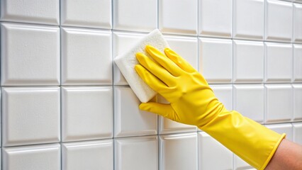 A yellow gloved hand grasps an orange sponge, scrubbing white ceramic tiles in a sparkling clean environment, evoking a sense of freshness and hygiene.