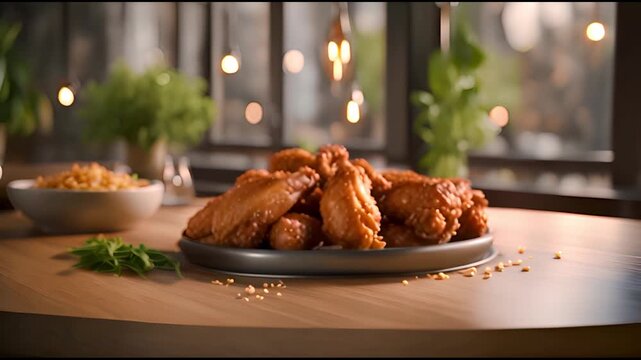 A plate of golden crispy fried drumstick and chicken wings, tasty unhealthy fast food snack.