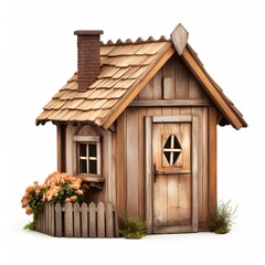 Small wooden log cabin on transparent background