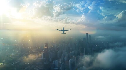 Naklejka premium Airplane Flying Over Cityscape for Airplane travel flight Concept. AI generated