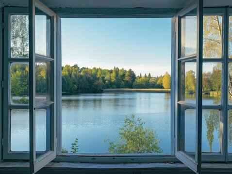 Scenic lake view from a window of a house.