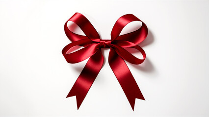 A single, perfectly tied red satin ribbon bow rests on a plain white background. 
