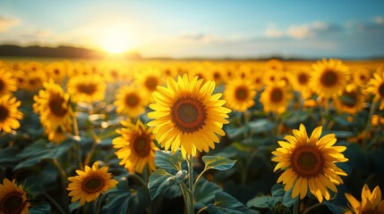 Fototapeta premium Stunning sunflower field blooming at sunset, with vibrant yellow petals glowing in the warm light