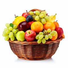 basket with fruits on white background
