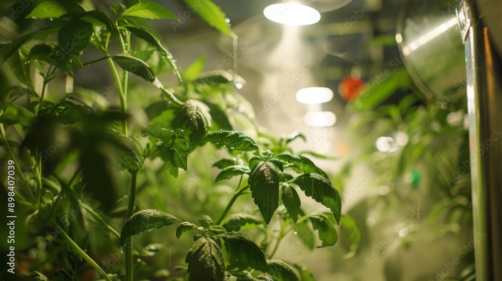 Poster green plants with large leaves are illuminated by artificial lights in a greenhouse-like environment