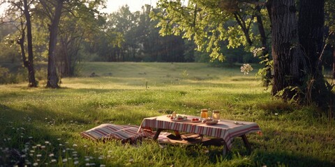 Obraz premium A cozy outdoor picnic in a grassy field, with a wooden picnic table set under the shade of trees.