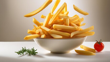 french fries flying over a bowl from white space, food photo with good studio lighting