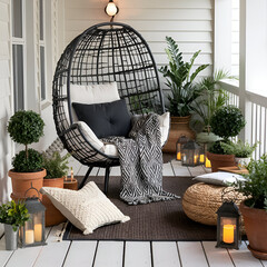 Cozy outdoor porch scene featuring a stylish woven egg chair adorned with black cushions and a...