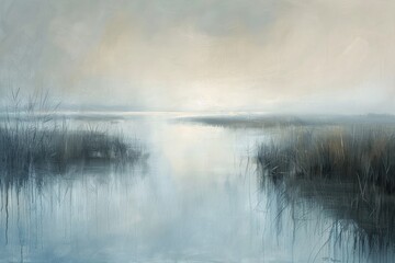 Fototapeta premium Soft, diffused washes creating a sense of calm and tranquility, Misty river surrounded by trees and foliage, creating a tranquil scene, AI generated