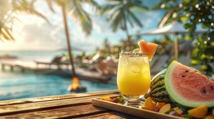 Fresh sweet ripe watermelon on table in tropical vacation resort