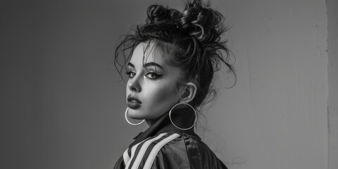 Stylish young woman posing in trendy outfit with accessories.