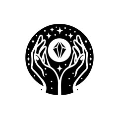 Magic crystal gem with crescent moon and stars in witch hands of fortune teller line art and dot work. Boho chic tattoo, poster or altar veil print design vector illustration