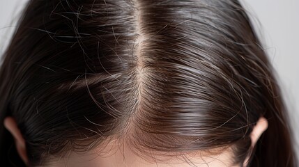 Close-up image of a clean hair parting, highlighting the healthy scalp and neatly arranged strands of dark hair.