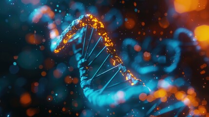 Abstract DNA structure with glowing lights and bokeh background.