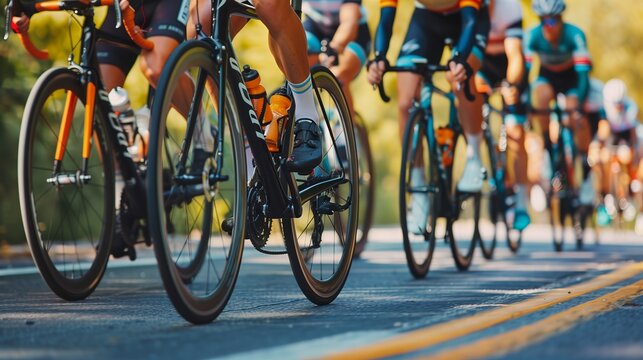 Group of cyclists riding closely together on a sunny day, focusing on action, speed, and teamwork.