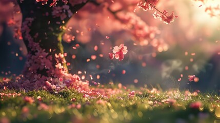 Pink Blossoms Falling on a Spring Day