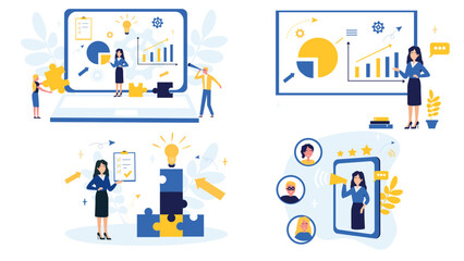 Business concept. Team metaphor. People connect puzzle elements. Flat illustration in flat design style. Teamwork, collaboration, partnership. Businessmen working together and moving towards success.