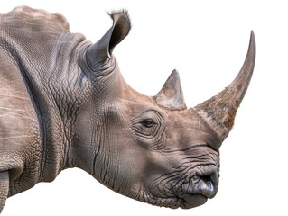 Fototapeta premium Close-up of adult rhino with curved horns and a textured skin.