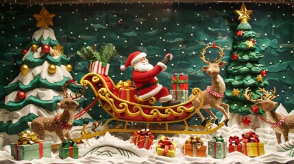 Naklejka premium Santa Claus in a sleigh with reindeer, surrounded by gifts and a Christmas tree, depicted in 3D clay mural wallpaper style