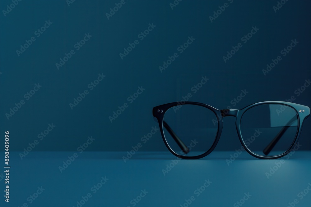 Aufkleber a pair of black framed eyeglasses sits on a teal surface, facing the viewer. generative ai