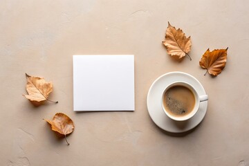 Minimal aesthetic business brand blog social media template Blank card coffee cup and dry leaves on neutral background