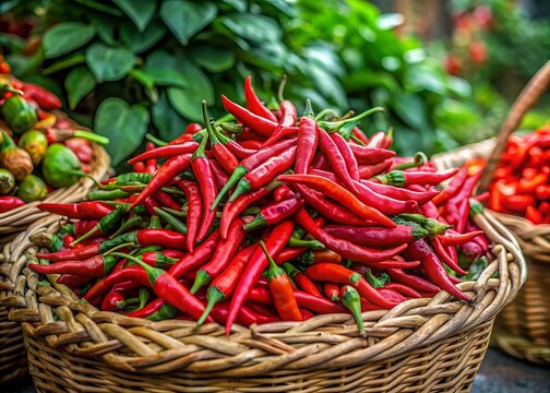 Vibrant red chilies overflow from a wicker basket on a colorful vegetable market stall, surrounded by lush green leaves and contrasting earthy tones. - Powered by Adobe