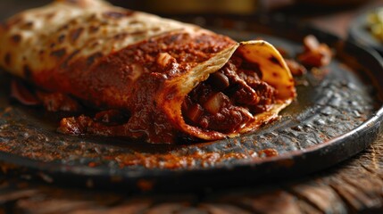 A mouthwatering chili burrito served in a traditional style, bursting with spices and texture, this Mexican dish is both authentic and savory.