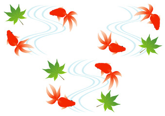 泳ぐ赤い金魚と葉紅葉のイメージイラストのセット
