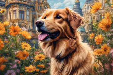 A painting of a dog surrounded by flowers, dog portrait painting.