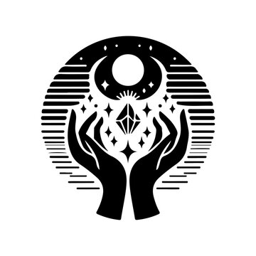 recommend clip art: Magic crystal gem with crescent moon and stars in witch hands of fortune teller line art and dot work. Boho chic tattoo, poster or altar veil print design vector illustration